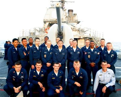 Ship's company formal group portrait on deck
