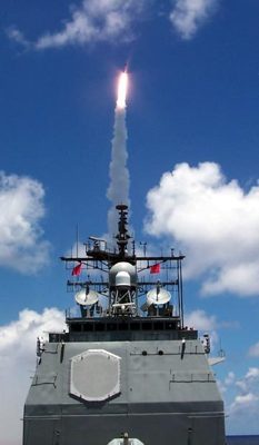 Naval vessel at sea during a live-fire exercise