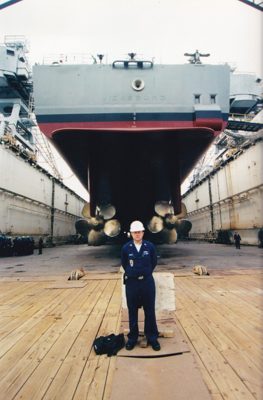 USS Vicksburg (CG-69) in dry dock with propellers removed
